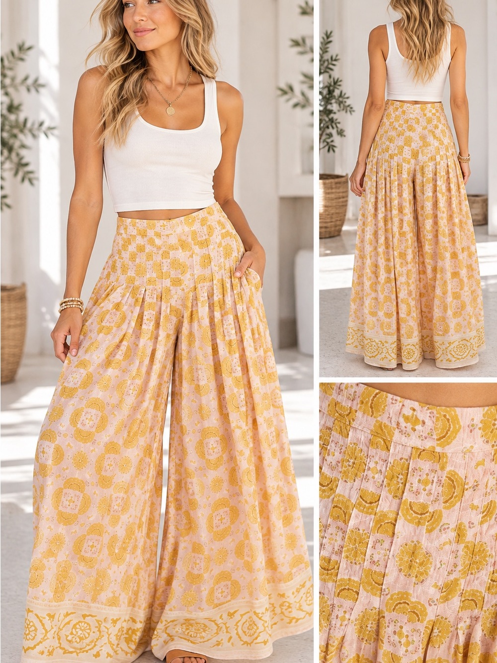 Free People Floral Wide Leg Palazzo Pants Mustard Size Medium